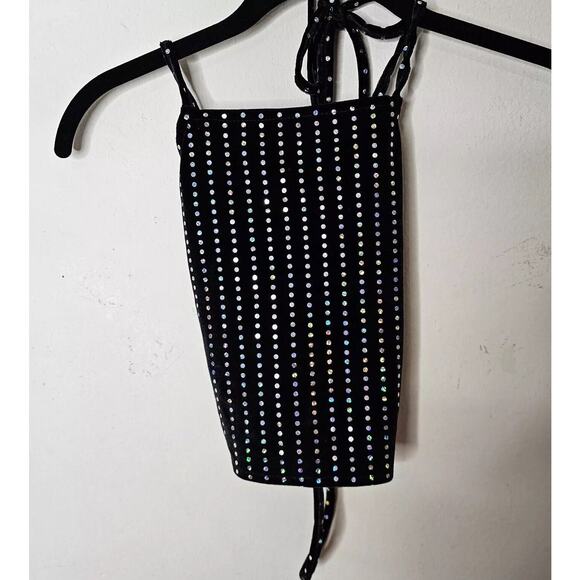 NWT Subdued Black Velour Silver Metallic Polka Dot Strappy VBack Crop Top 0 - Picture 1 of 6